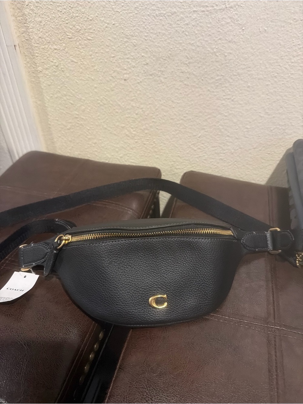 Coach Black Pebbled Leather Crossbody Belt Bag with Gold Hardware